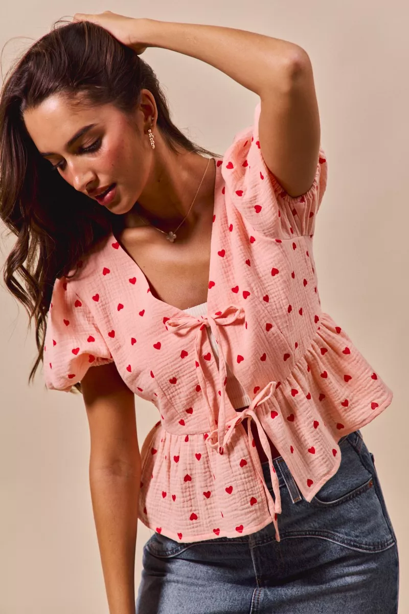 All Over Heart Ribbon Tie Baby Doll Valentine Blouse, image 4