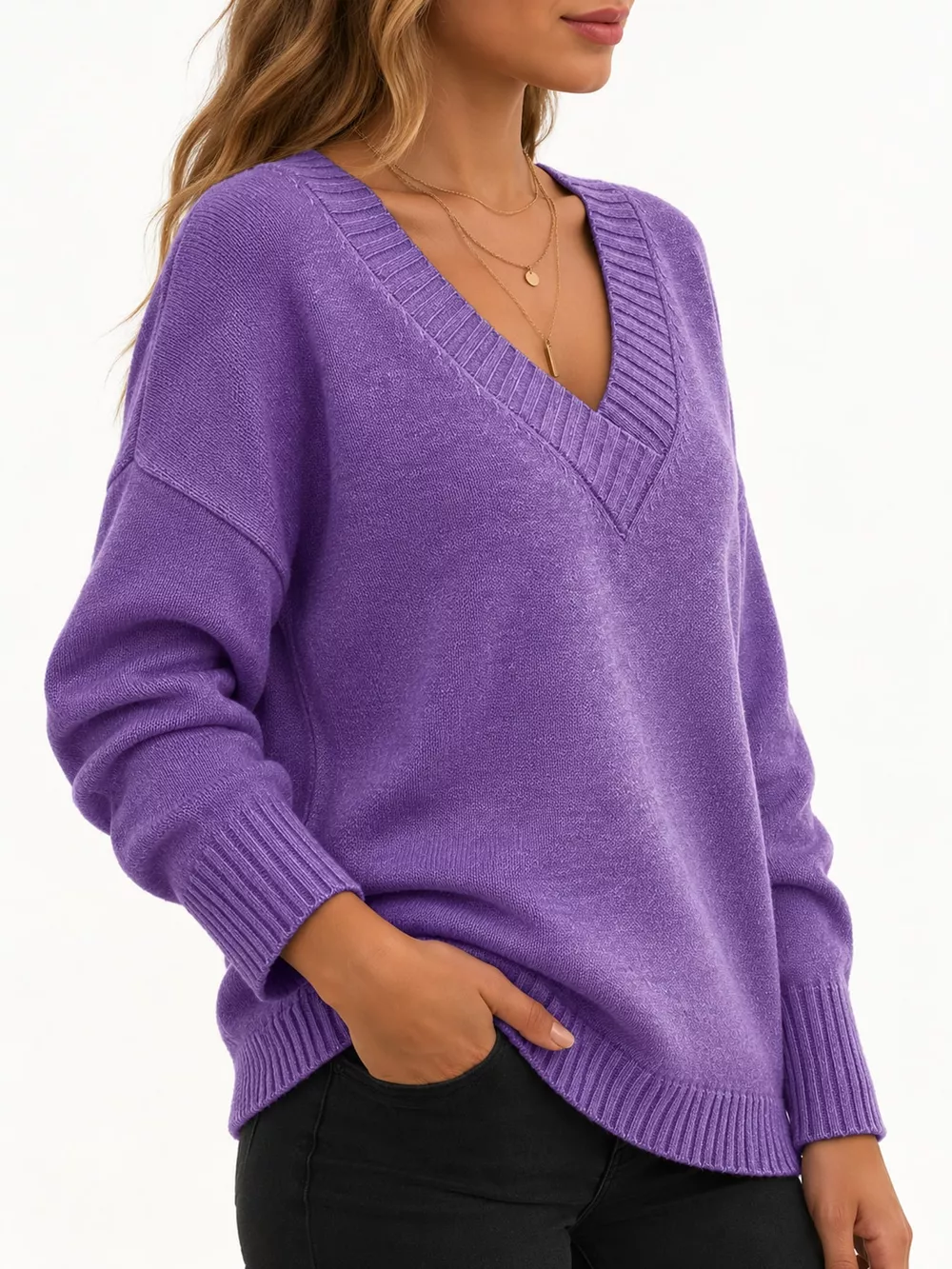 Full Size V-Neck Dropped Shoulder Sweater Plus Size, image 20