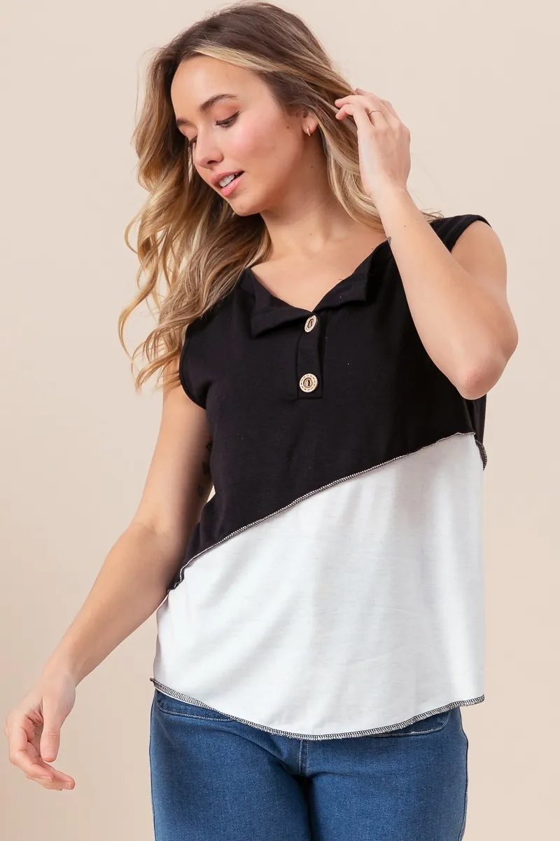 Color Block Contrast Stitching Buttoned Henley Top, image 2