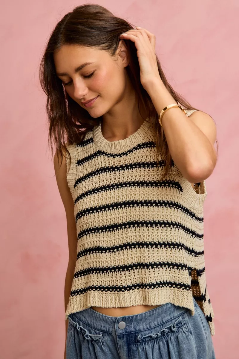 Low Gauge Textured Stripe Sleeveless Sweater Top, image 6