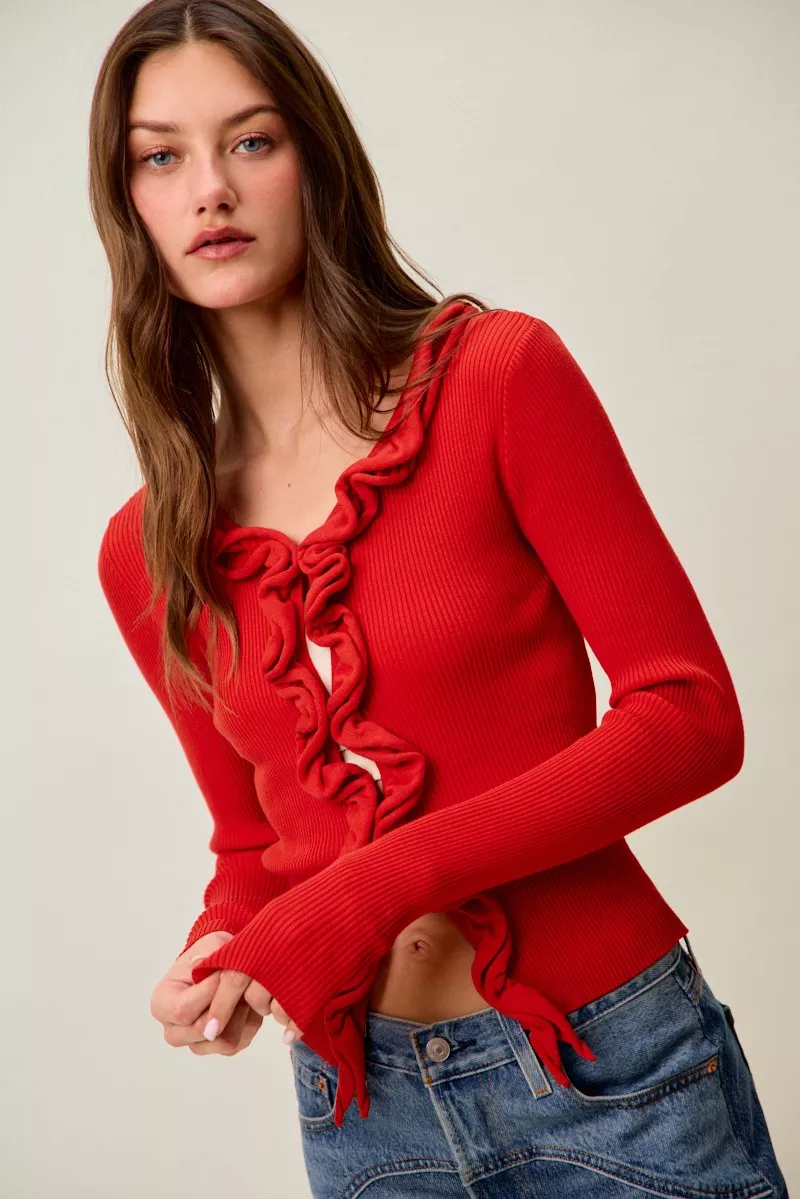 Cascade Ruffle Ribbed Sweater Cardgian, image 7