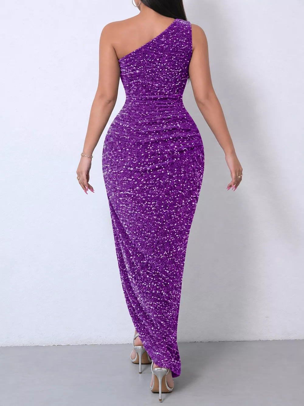 One-Shoulder Ruched Sequin High-Slit Evening Dress, image 40