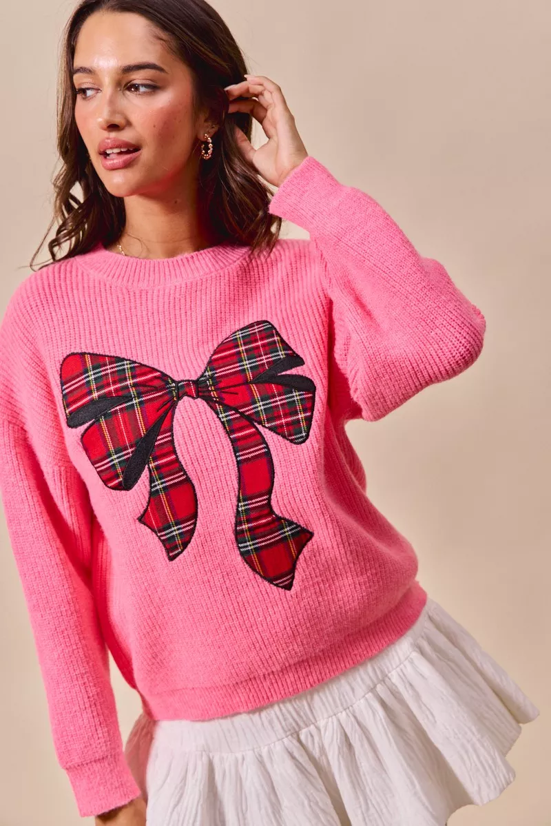 Checker Plaid Ribbon Christmas Holiday Sweater, image 4