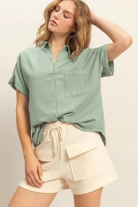 Button Down Collared Neck Short Sleeve Shirt