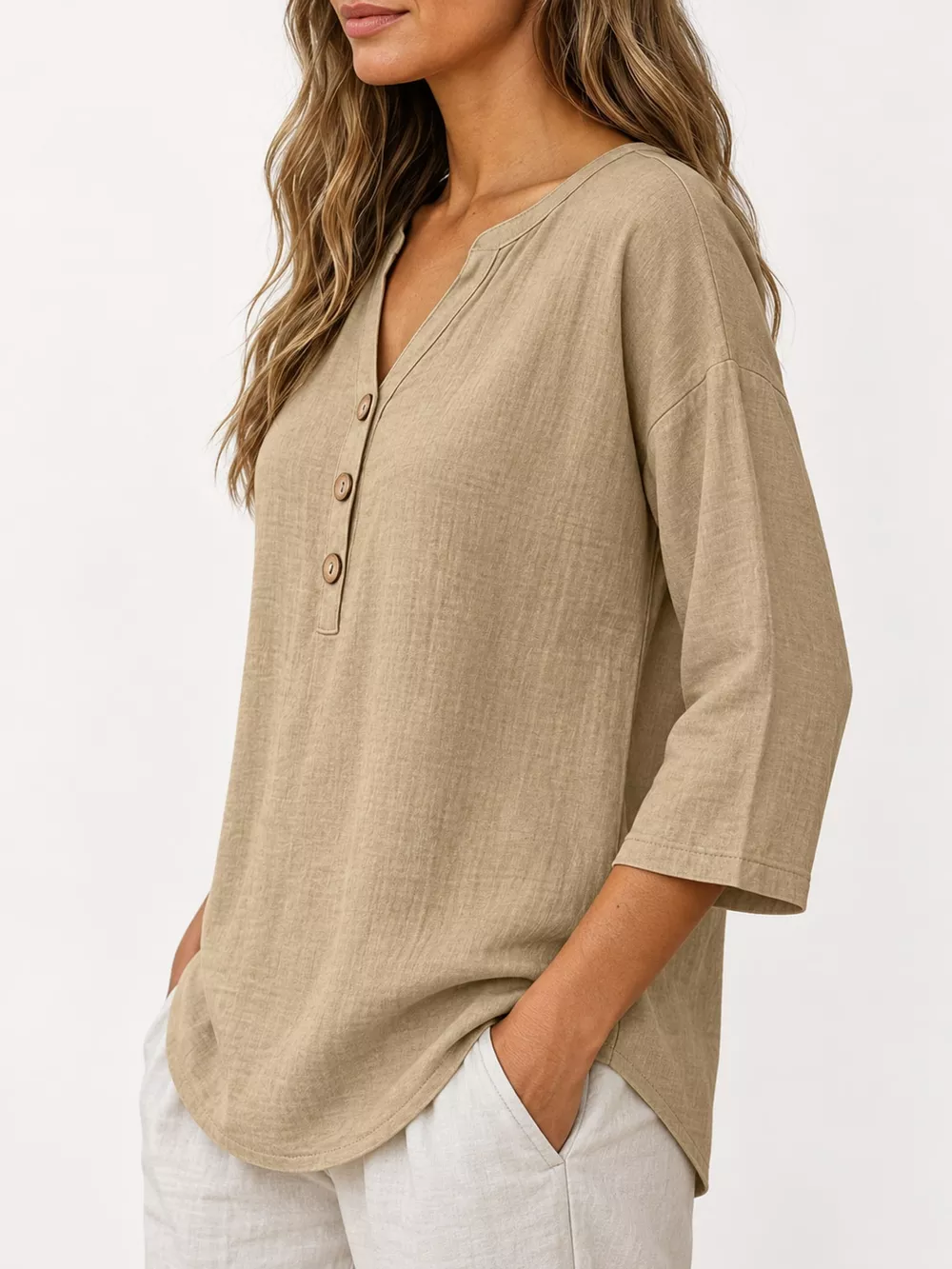 Full Size Button Detail Notched 3/4 Sleeve Blouse Plus Size, image 25