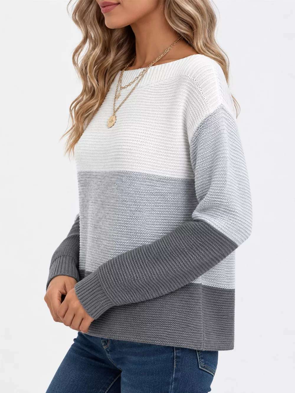 Full Size Color-Block Boat Neck Sweater Plus Size, image 39