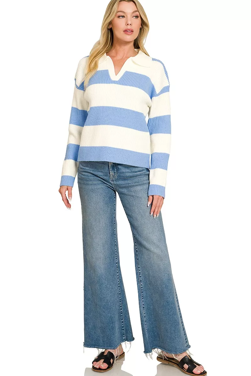Zenana Striped Collared Sweater, image 4