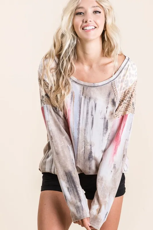 Tie Dye Knit Top with Print Block Shoulder, image 2
