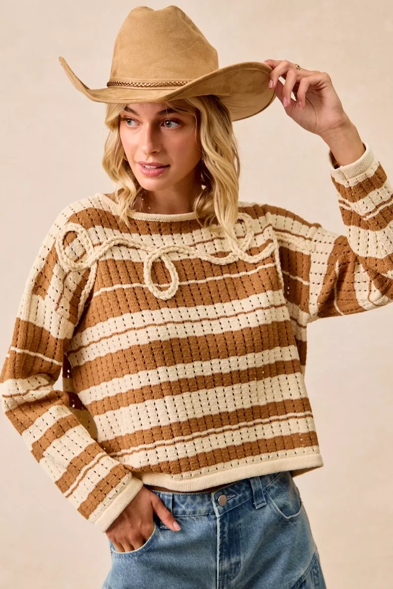 Striped Open Knit Sweater Top with Front Braided Detail, image 3