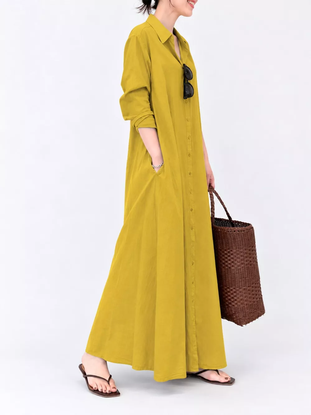 Full Size Button Front Long Sleeve Maxi Shirt Dress Plus Size, image 44