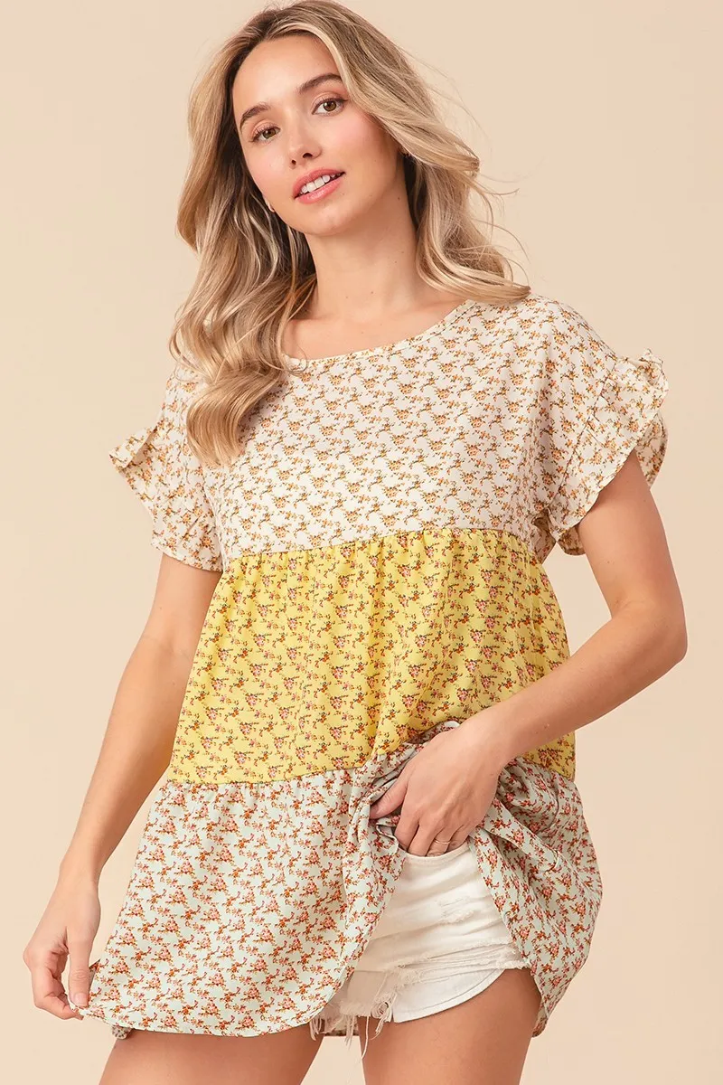 Flroal Printed Woven Color Block and Tiered Top, image 5