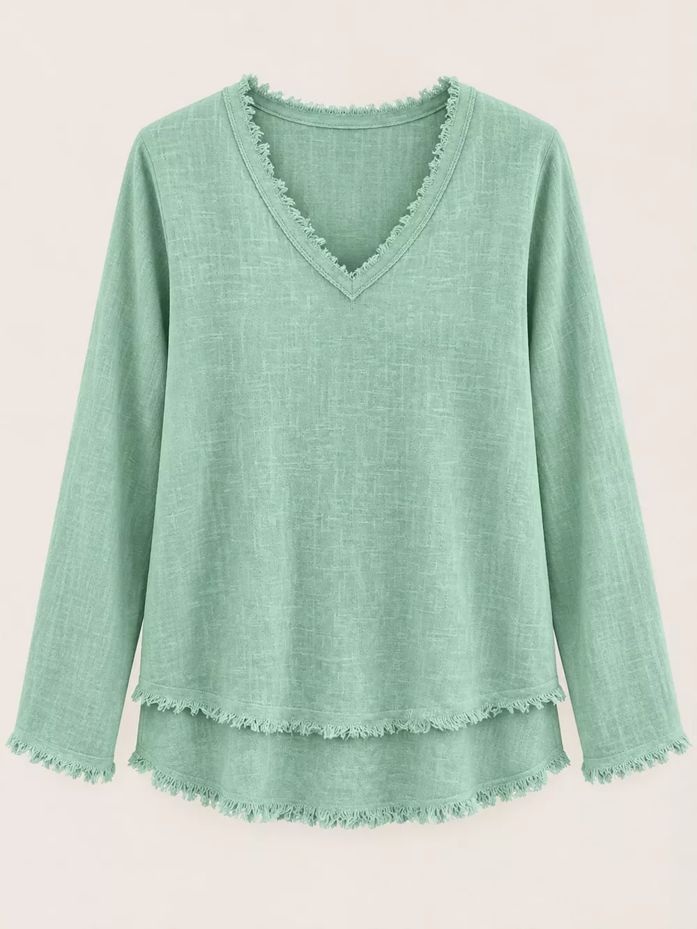 Full Size Frayed Hem V-Neck Long Sleeve Blouse Plus Size, image 50