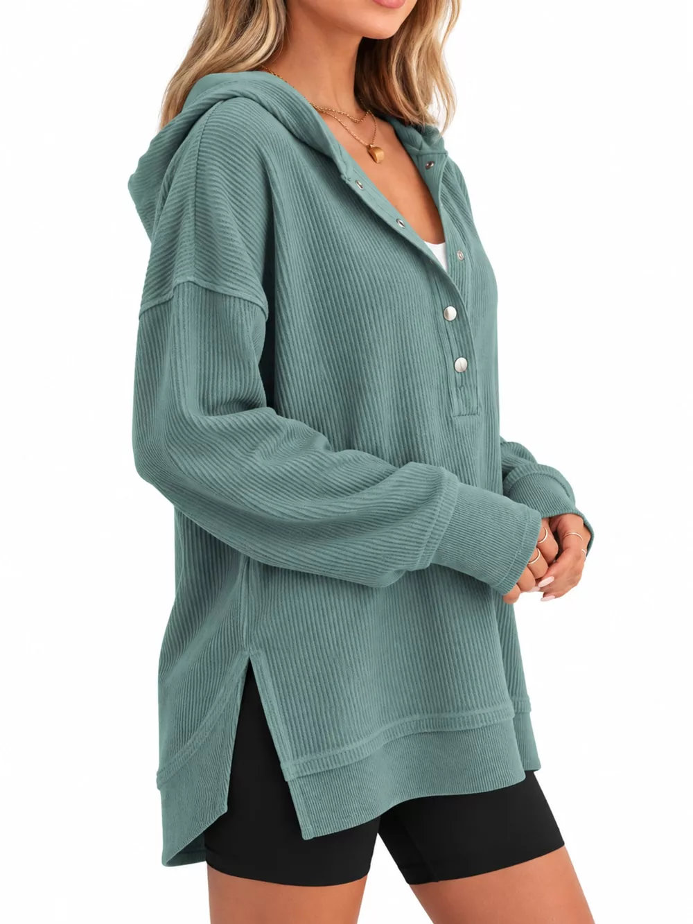 Full Size Snap Button Placket Dropped Shoulder Hoodie Plus Size, image 2