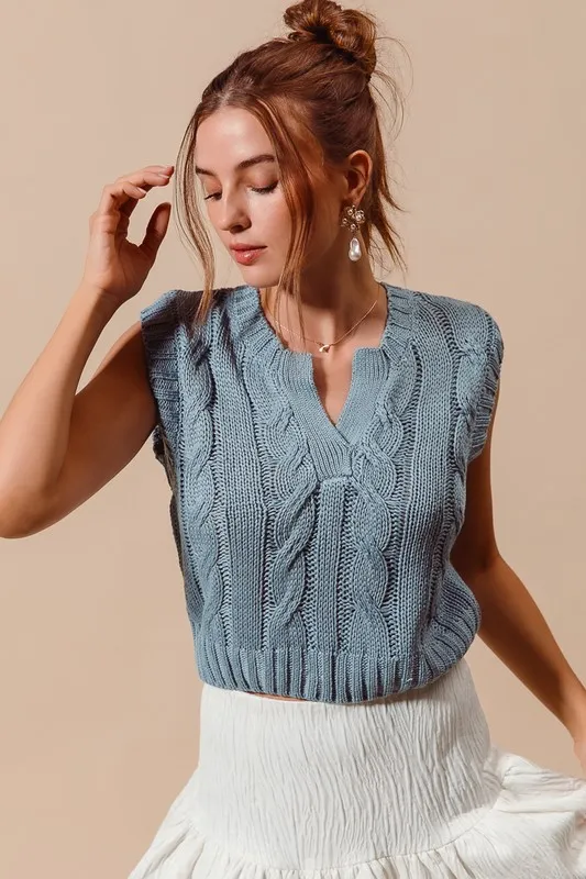 Notched Neck Cable Knit Sweater Vest, image 2
