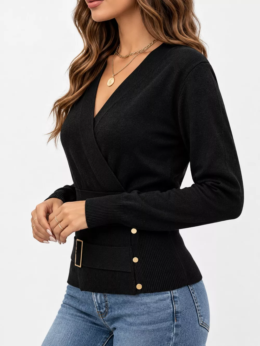 Surplice Elastic Waist Long Sleeve Knit Top, image 25
