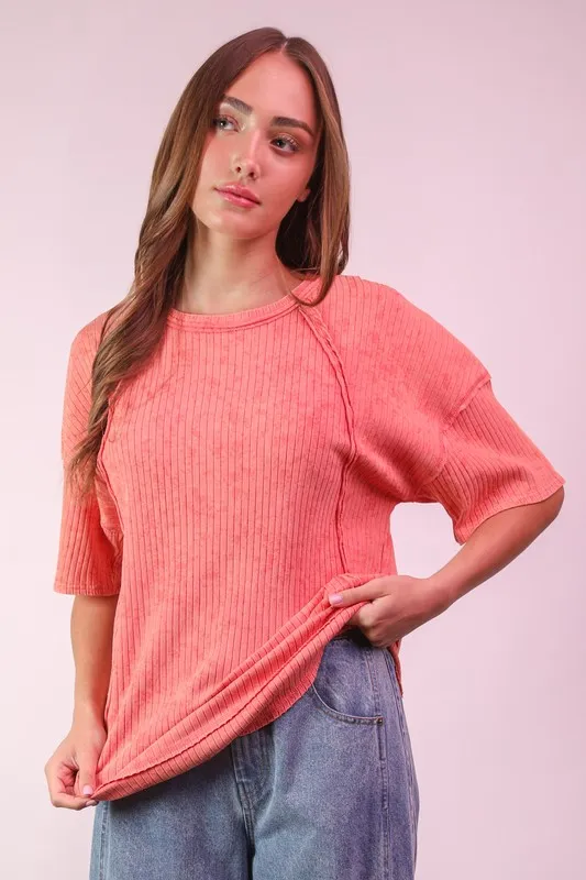 Mineral Washed Ribbed Knit Casual Top