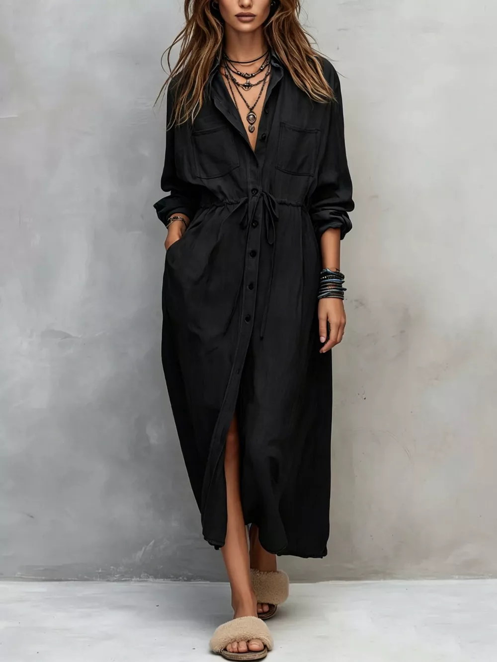 Full Size Button Front Long Sleeve Shirt Dress Plus Size, image 5