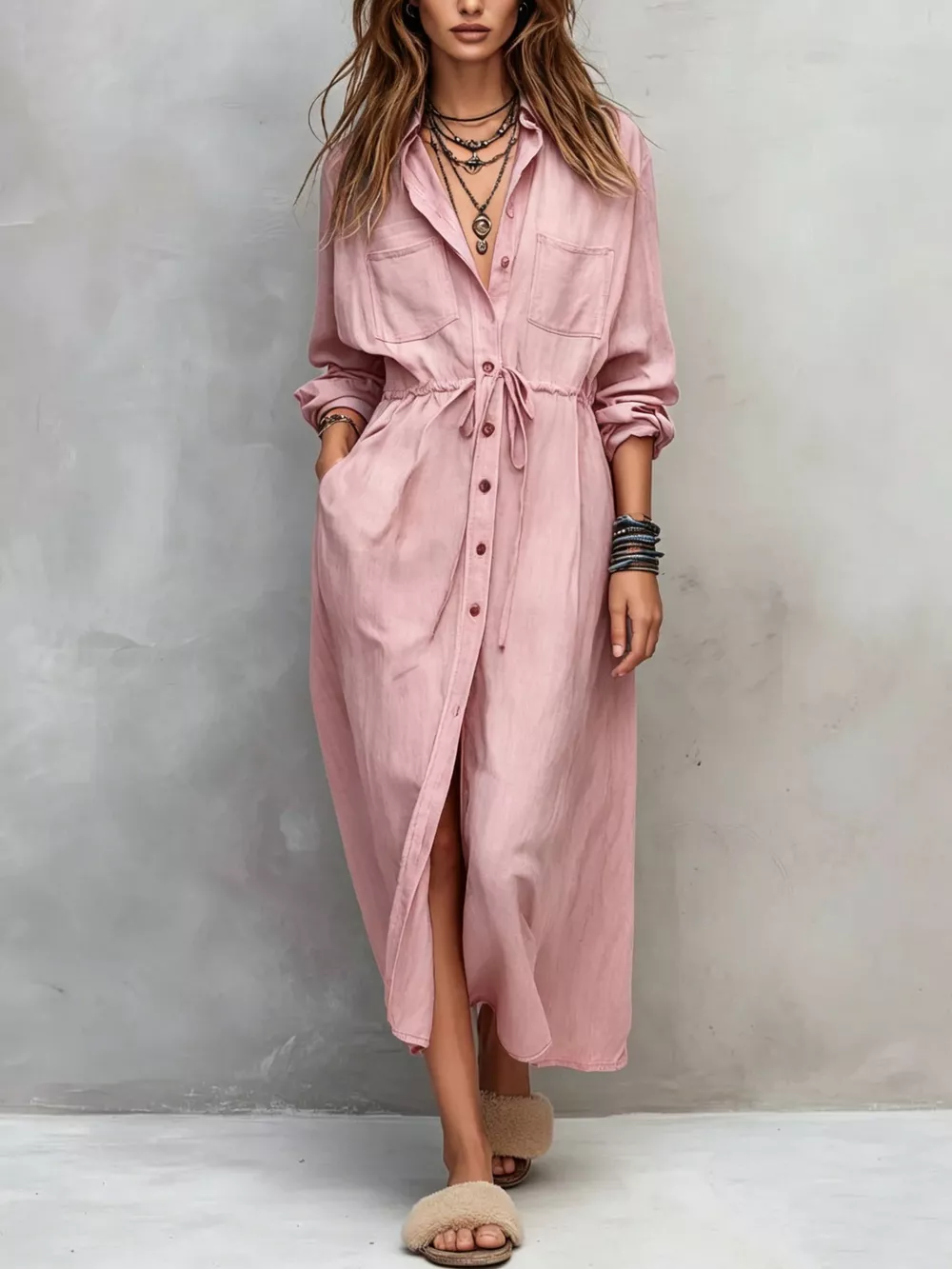 Full Size Button Front Long Sleeve Shirt Dress Plus Size, image 12