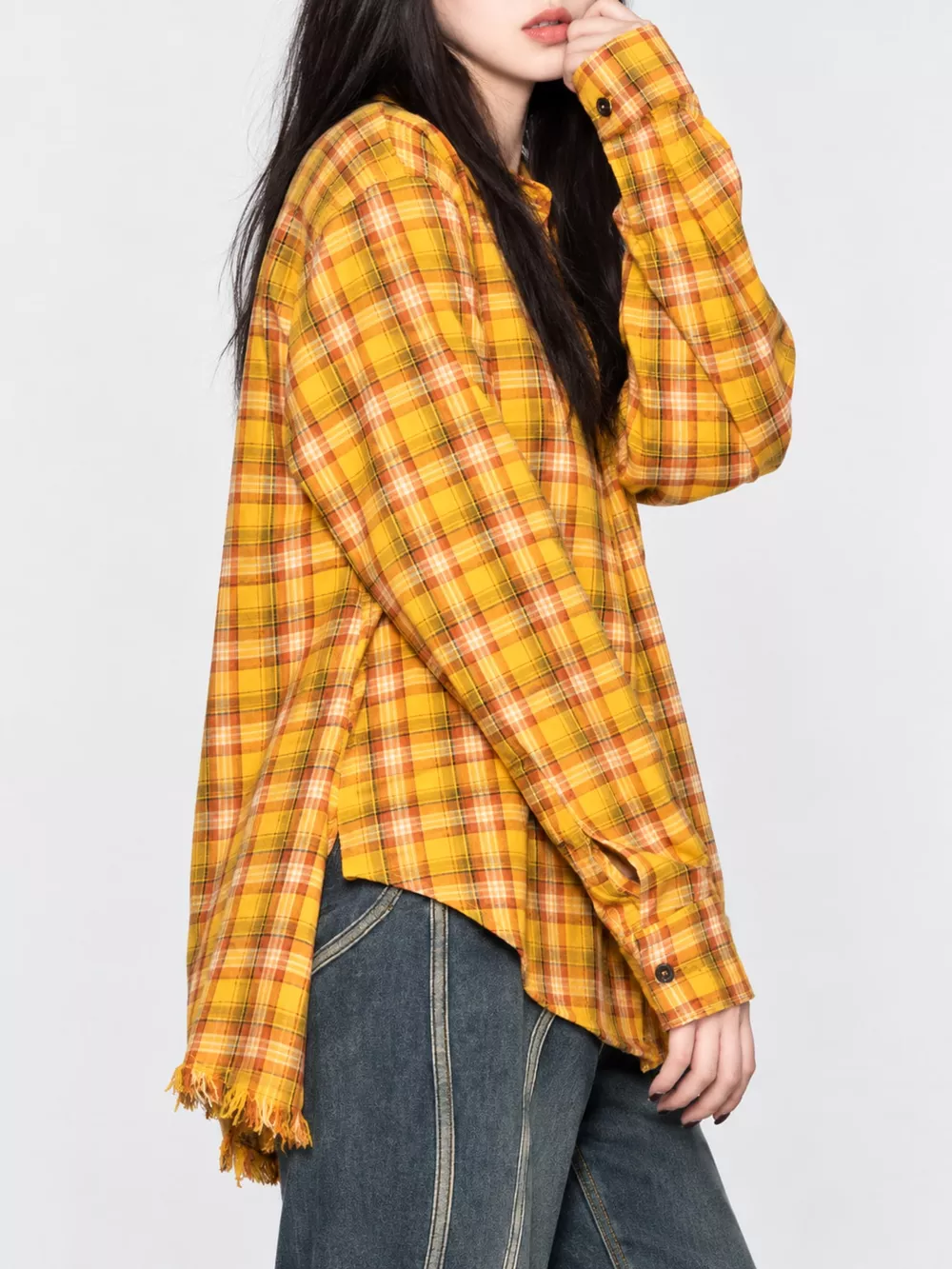 Plaid Frayed Hem Button Up Shirt, image 2