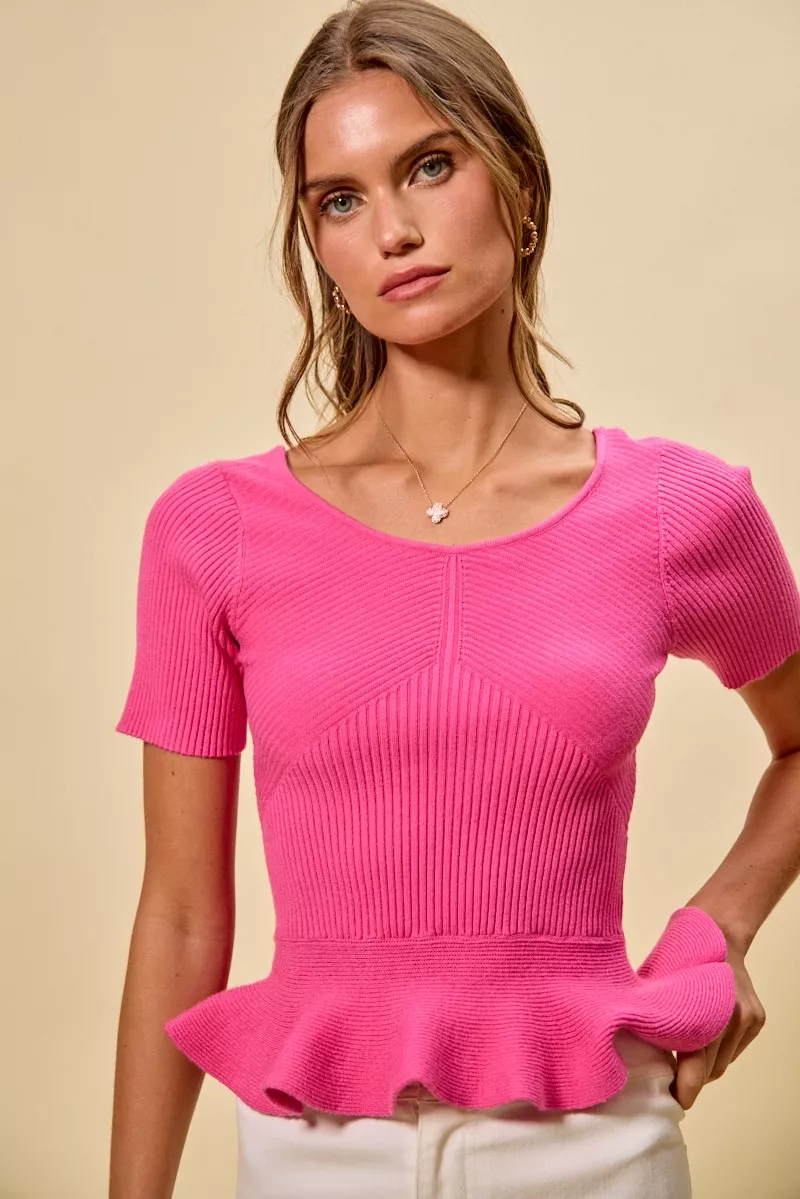 Ribbed Knit Short Sleeves Peplum Sweater Top, image 7