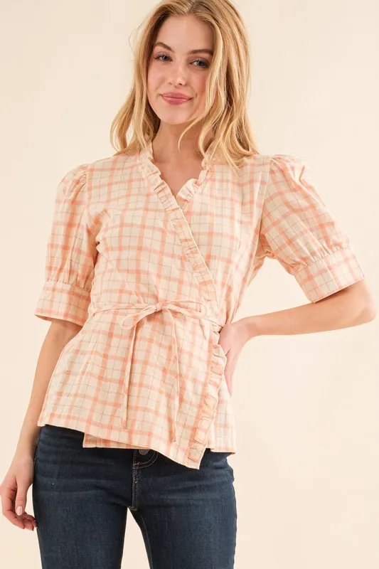Plaid Patterned and Ruffled Wrap Blouse Top, image 2