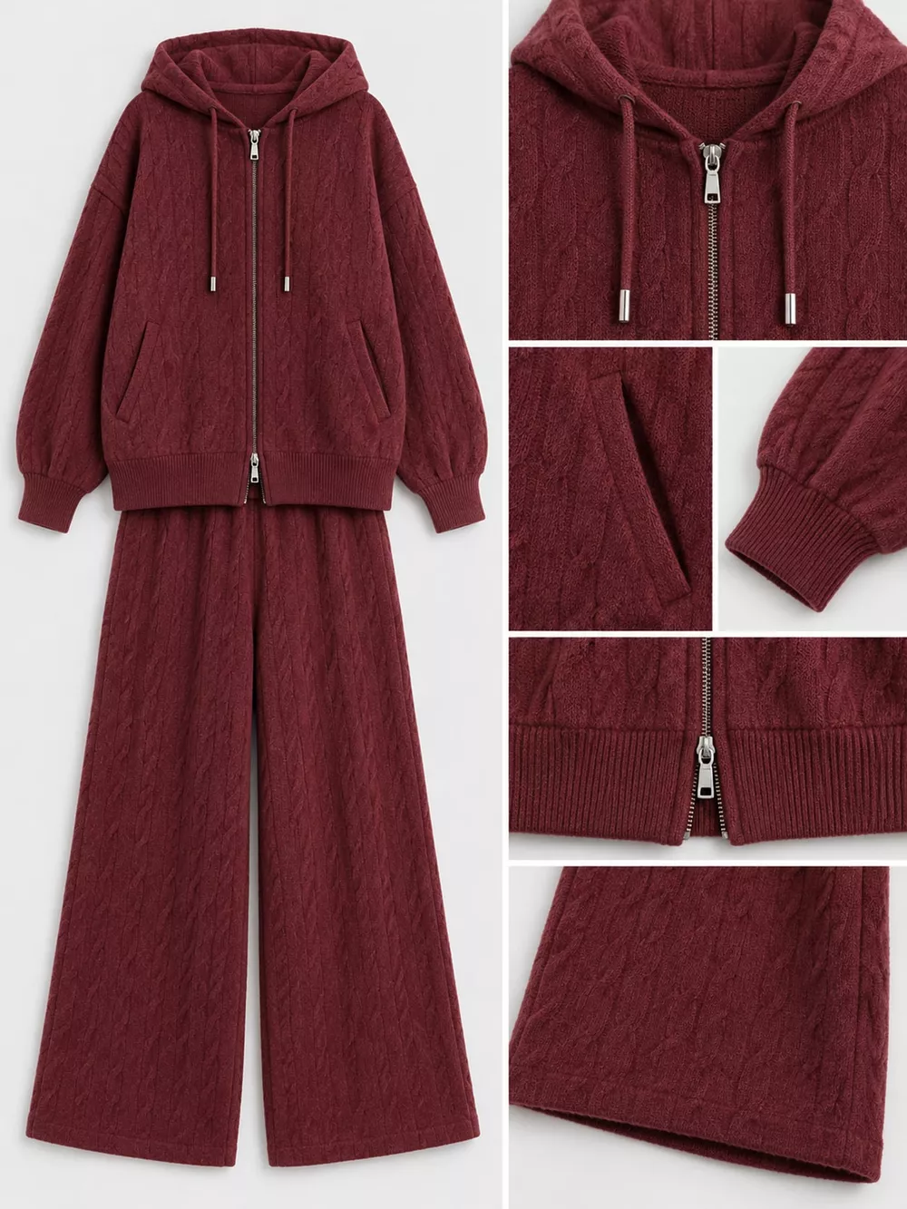 Cable Knit Zip-Up Hooded Cardigan and Wide-Leg Pants Sweater Set, image 27
