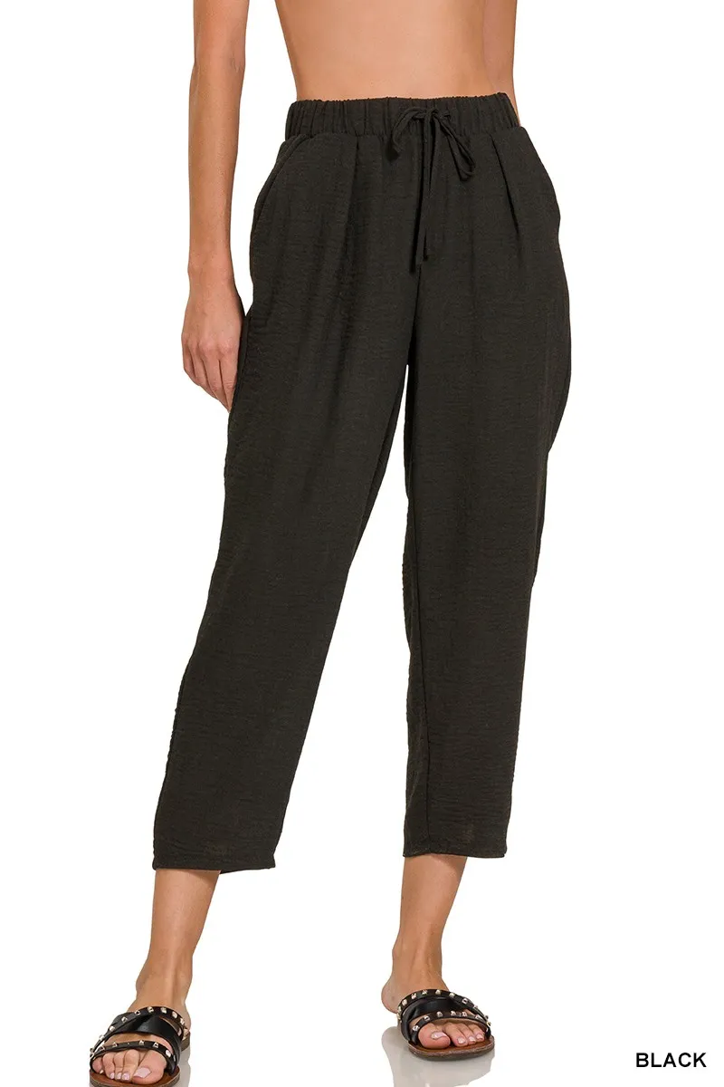Woven Crepe Elastic Band Waist Pants, image 2