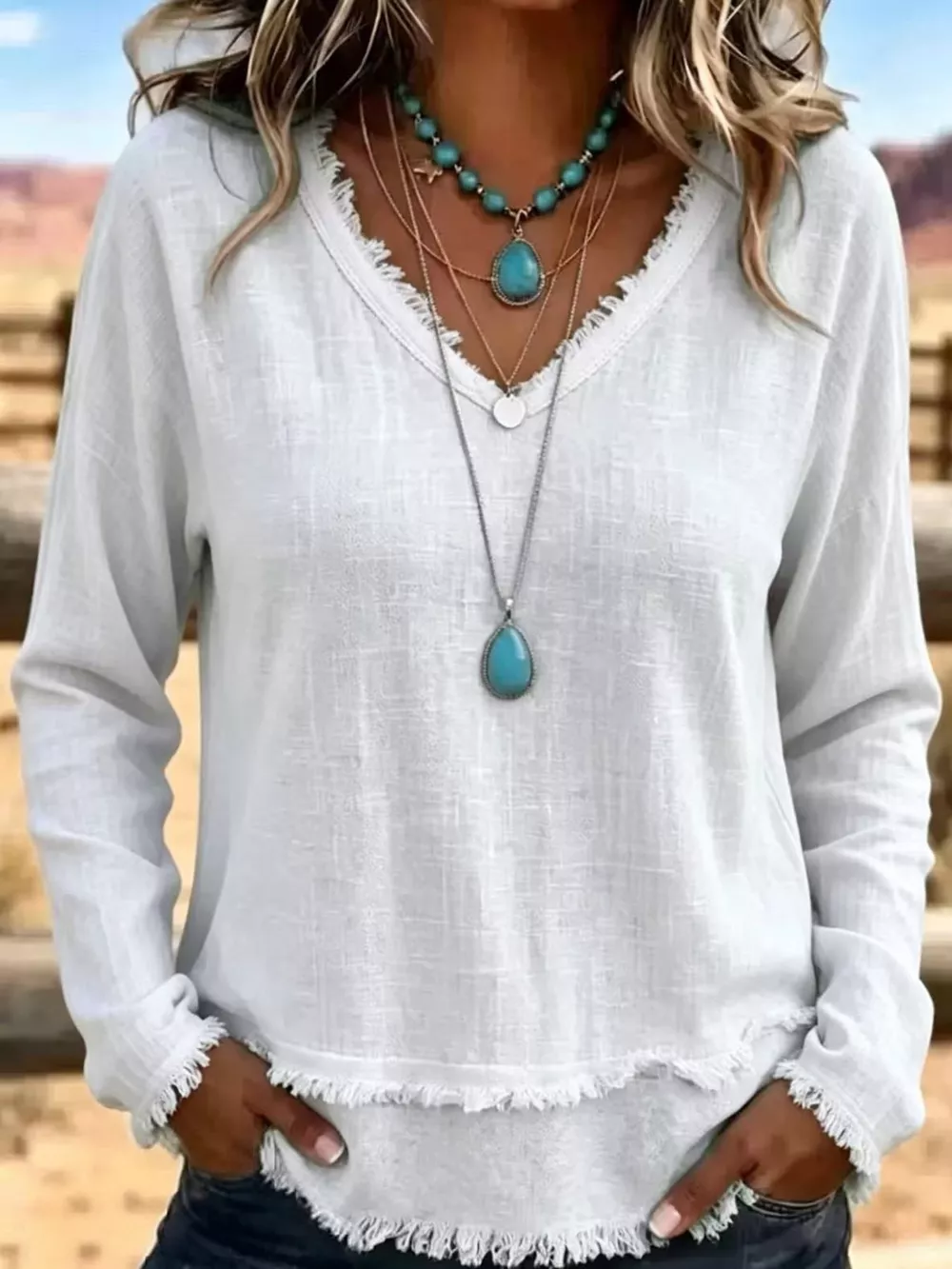 Full Size Frayed Hem V-Neck Blouse Plus Size, image 21