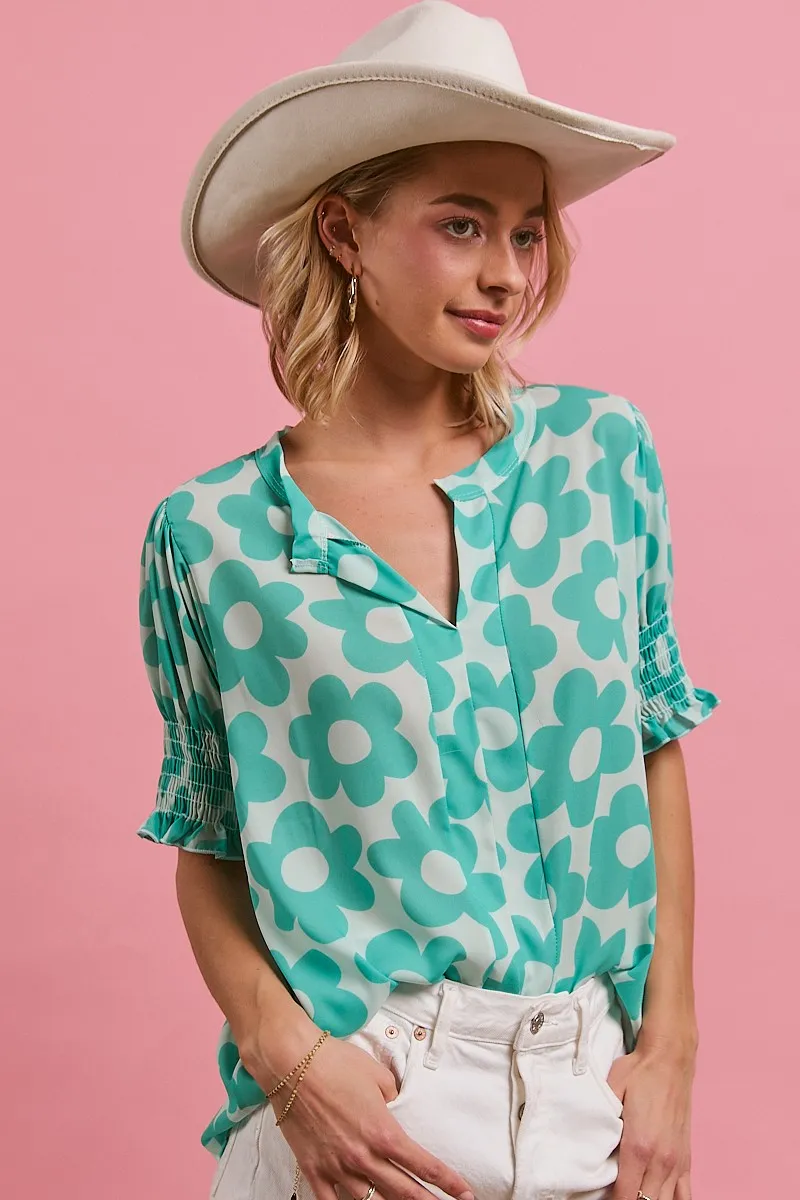 Flower Printed Woven Smocking Sleeves V Neck Top, image 2