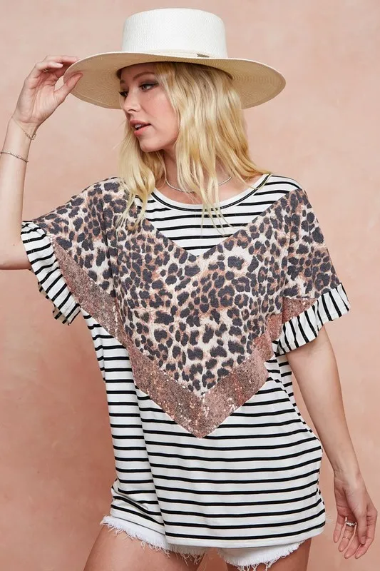 Stripe Rayon Span Knit Color Block Top With Leopard, image 9