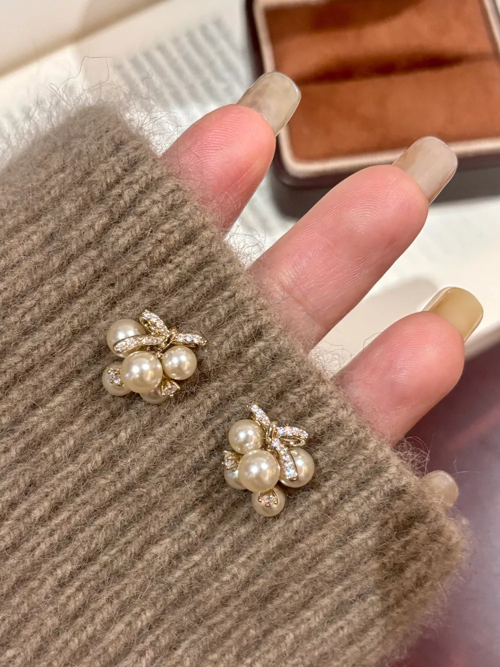 Pearl Cluster Bow Earrings, image 3