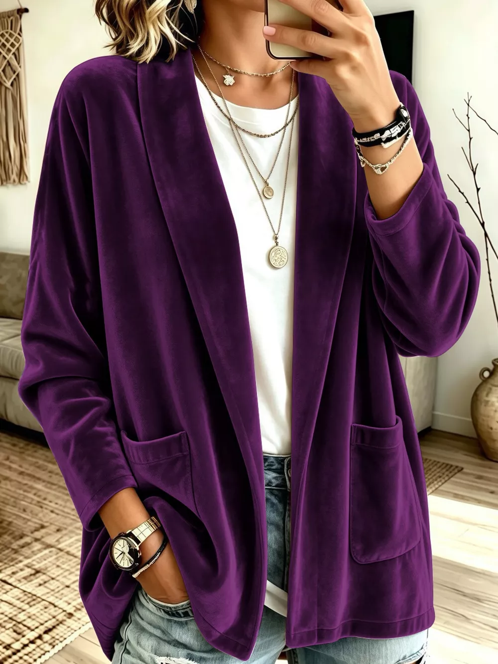 Full Size Velvet Open-Front Cardigan Plus Size, image 3