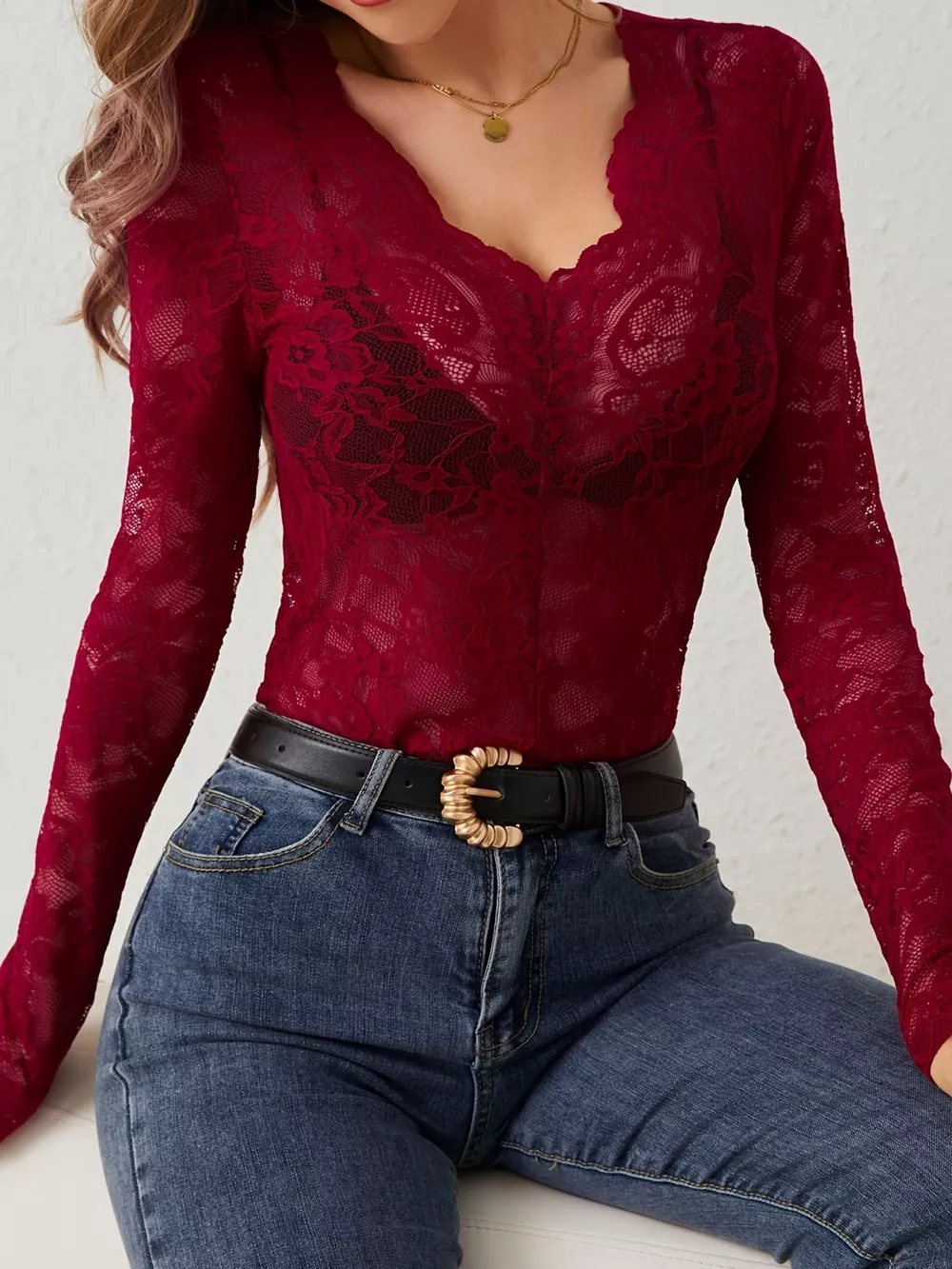 Lace V-Neck Long Sleeve Top, image 12