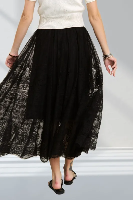 Elastic Waist Raw Hem Lace Maxi Skirt, image 2