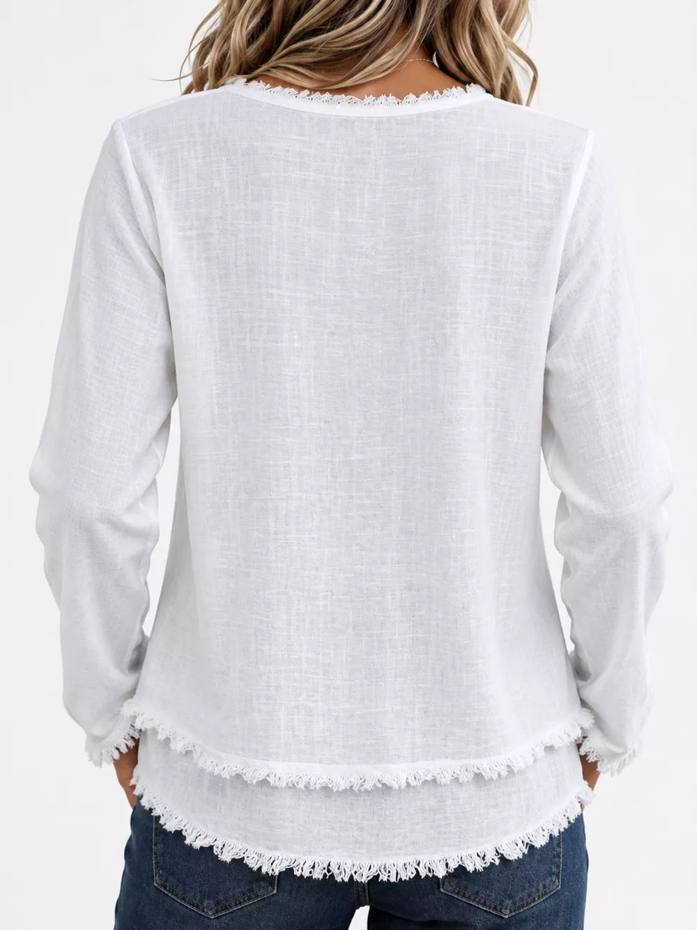 Full Size Frayed Hem V-Neck Long Sleeve Blouse Plus Size, image 18