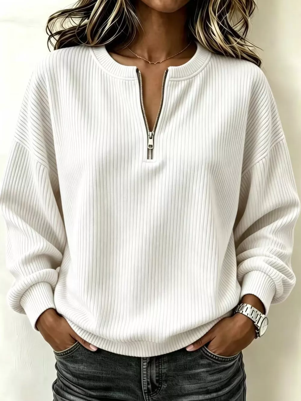 Full Size Quarter-Zip Dropped Shoulder Sweatshirt Plus Size, image 9