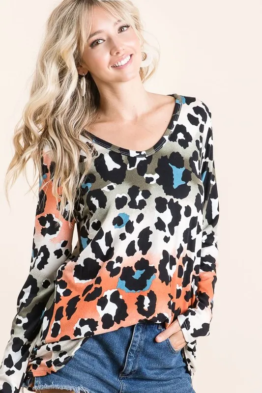Gradation Leopard Print Soft Knit Deep U Neck Top, image 6