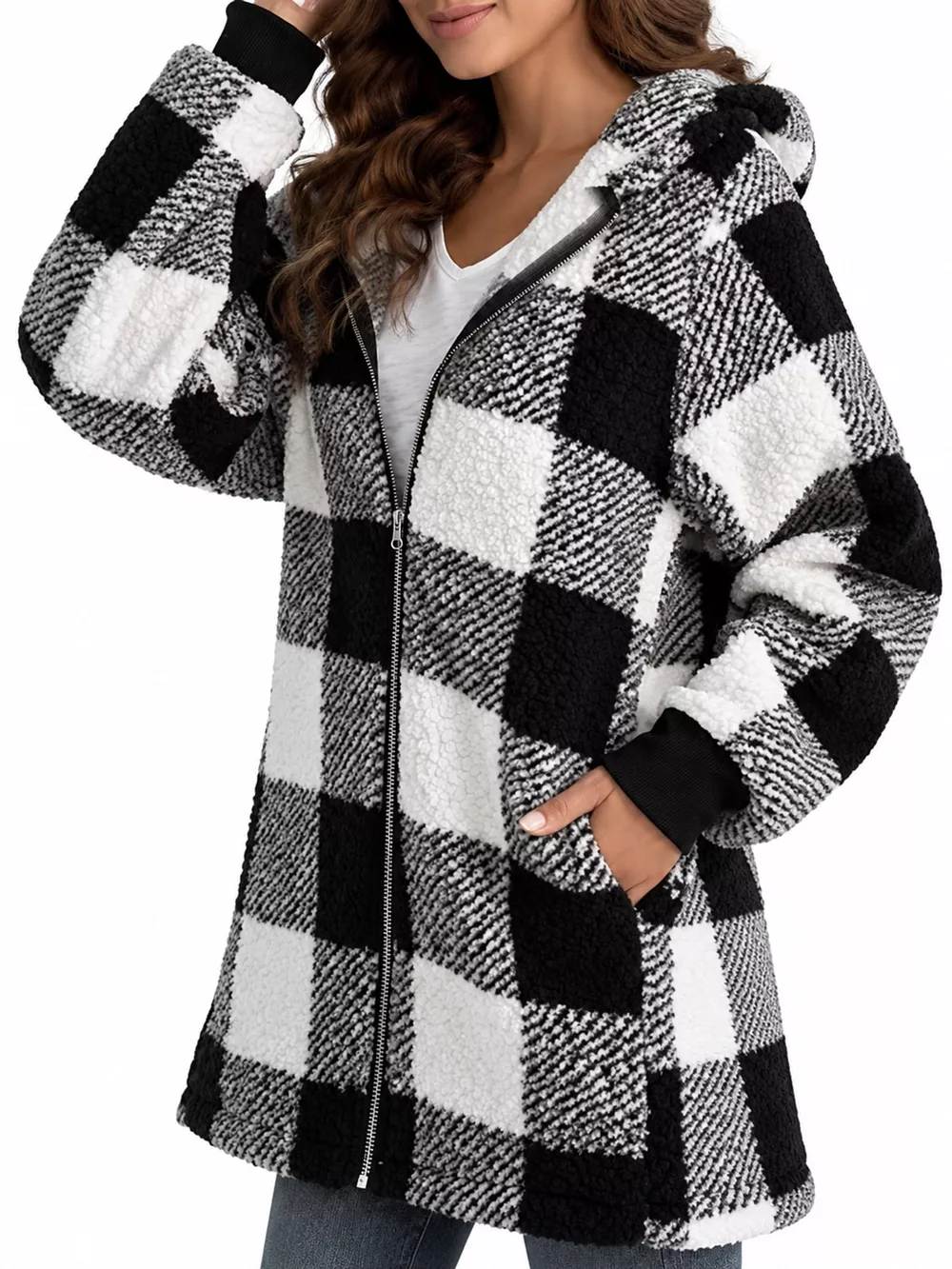 Full Size Plaid Sherpa Hooded Zip-Up Outerwear Plus Size
