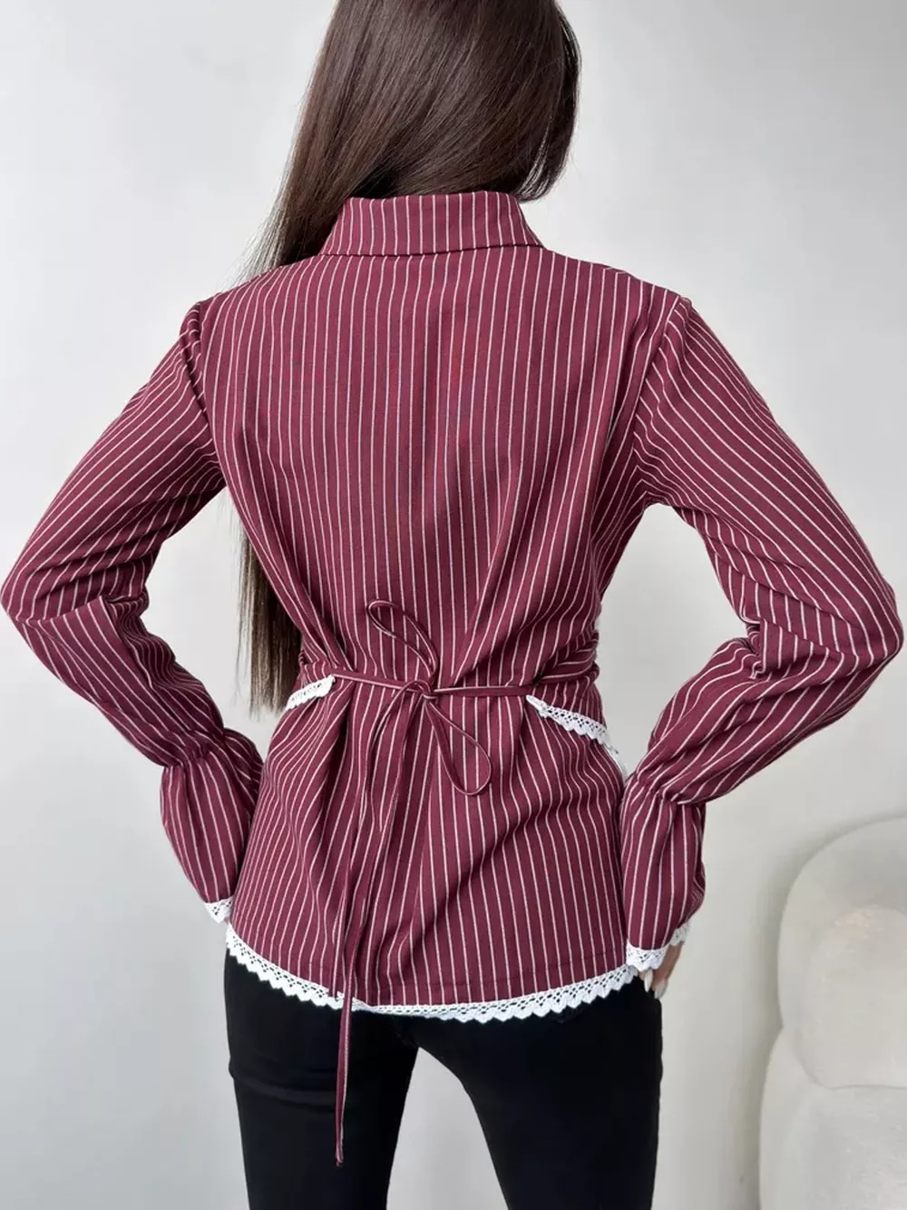 Lace Trim Long Sleeves Striped Shirt, image 19