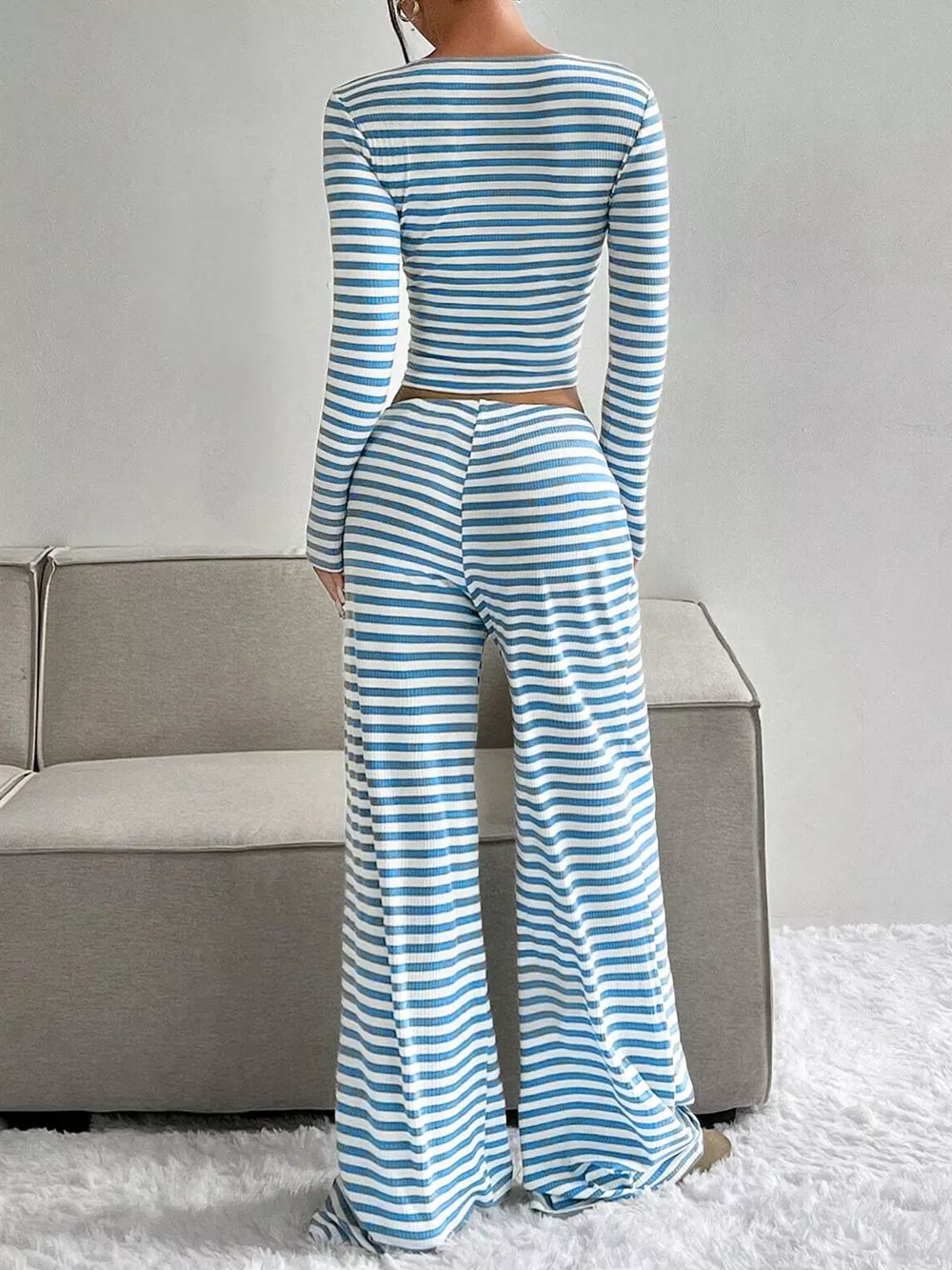Striped Long Sleeve Crop Top & Wide Leg Pants Set, image 2