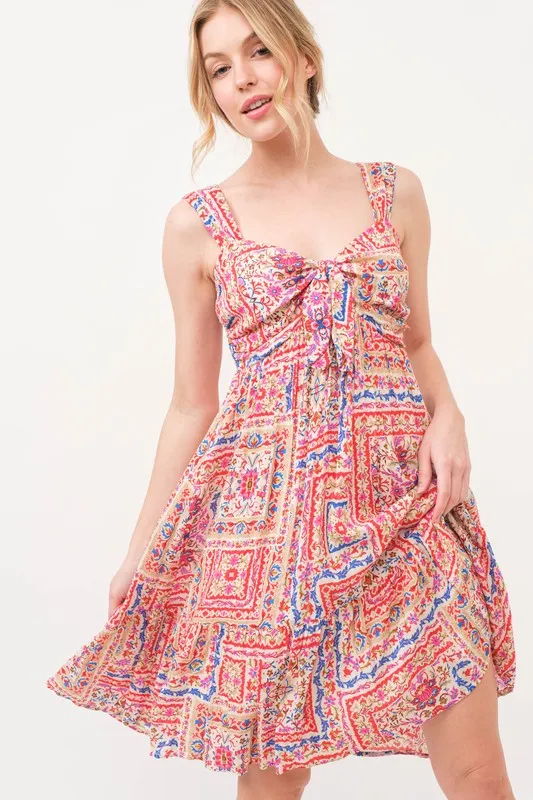 Tied Front Smocked Back Tiered Boho Printed Dress, image 3