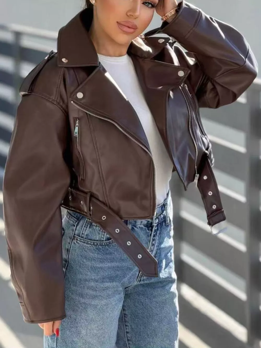Full Size Faux Leather Zip Up Jacket Plus Size, image 2