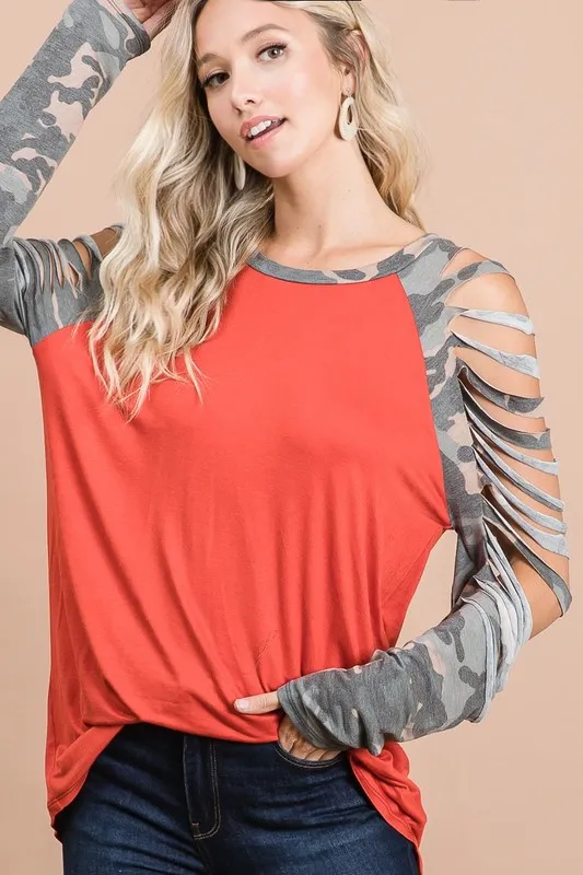 Jersey Knit Top with Camouflage Laser Cut Sleeves, image 4