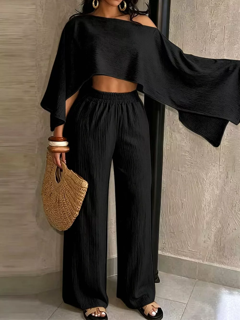 Boat Neck Crop Top and Wide-Leg Pants Set, image 19