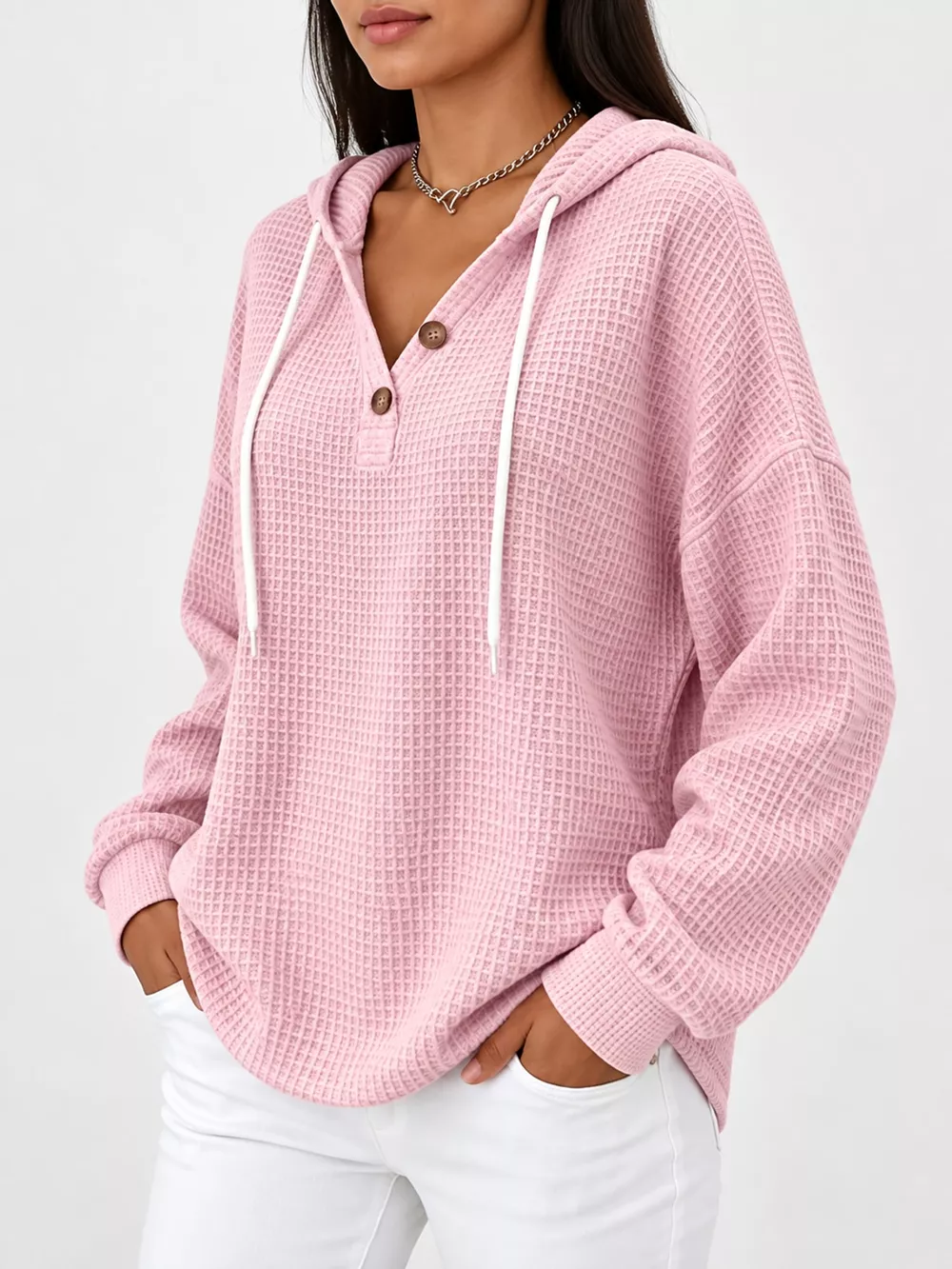 Full Size Waffle Knit Button Detail Hoodie Plus Size, image 16