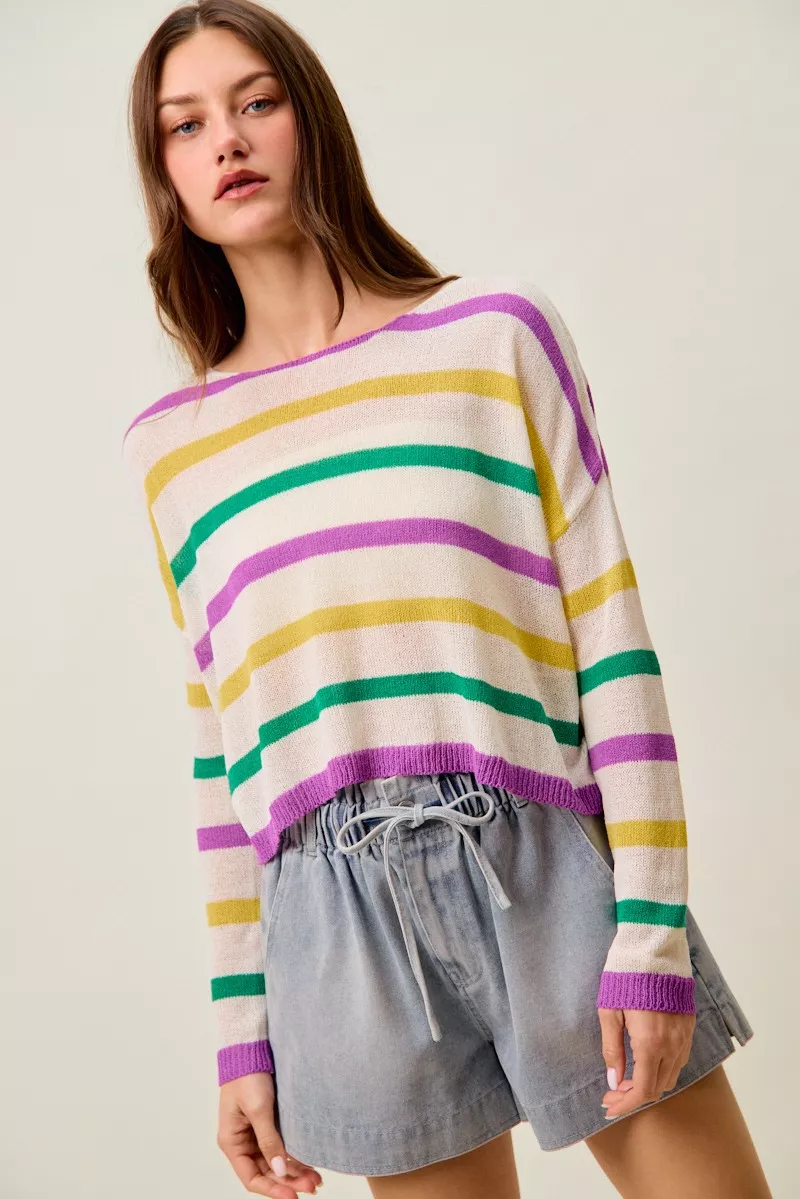 Mardi Gras Color Stripe Lightweight Sweater Top, image 9