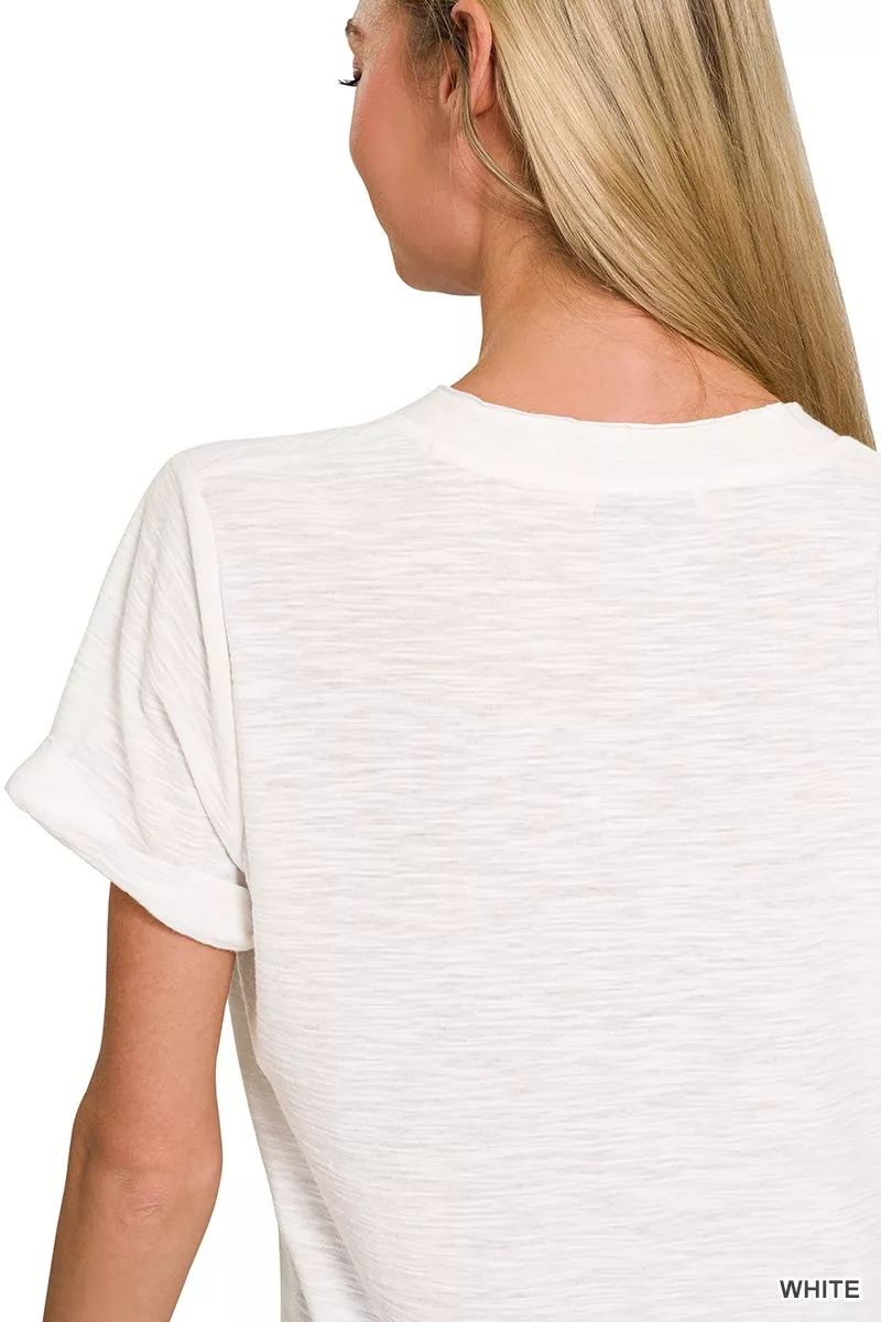 Slub Rolled Short Sleeve V-Neck Tee, image 3