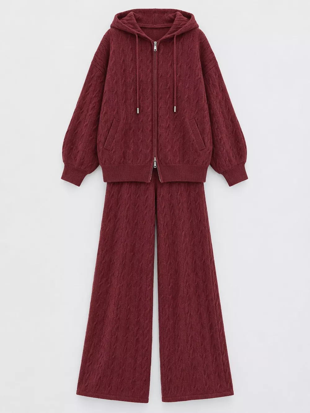 Cable Knit Zip-Up Hooded Cardigan and Wide-Leg Pants Sweater Set, image 26