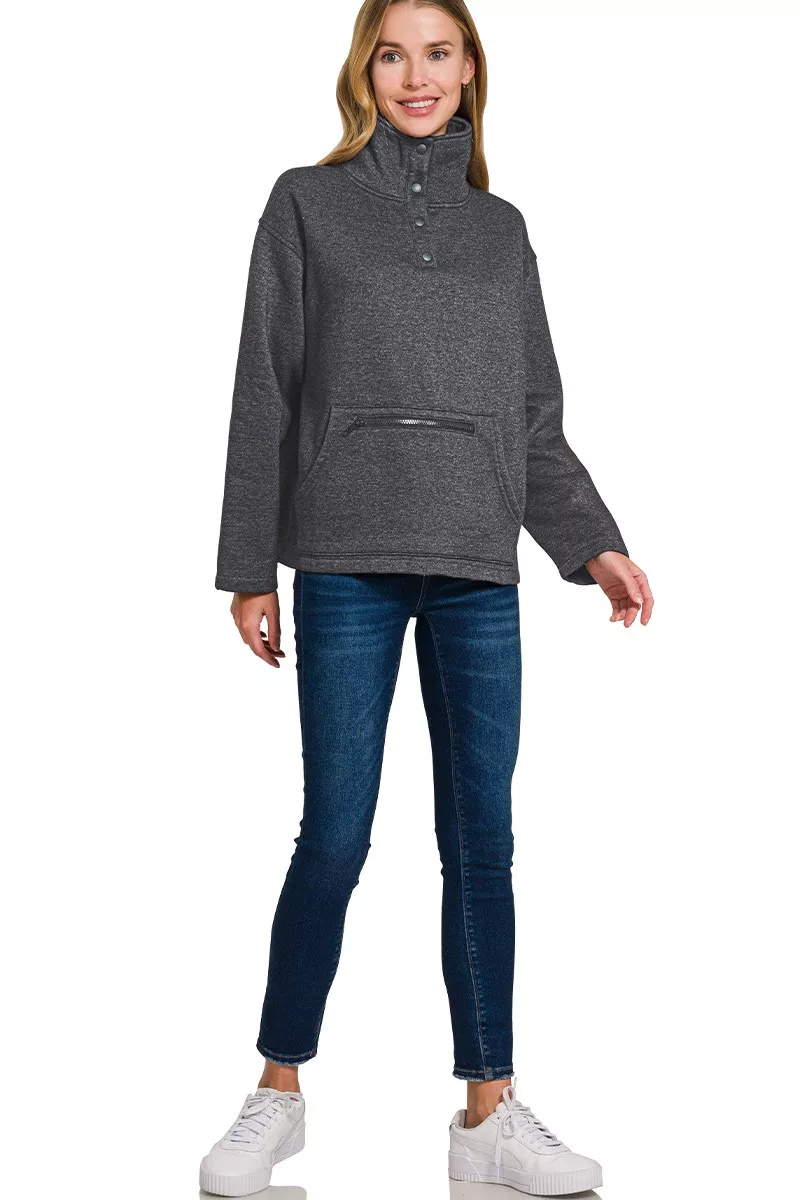 Fleece Washed High Neck Kangaroo Pocket Sweatshirt, image 3