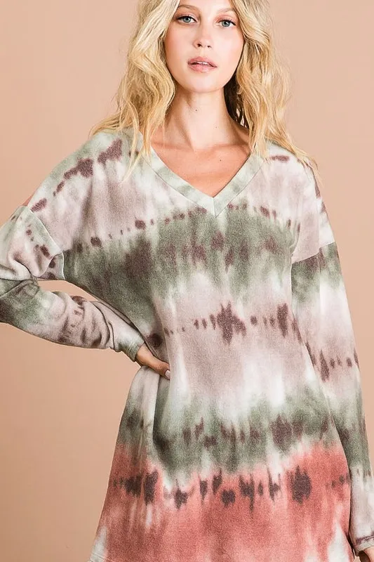 Brushed Tie Dye Looking Print V Neck Top, image 3